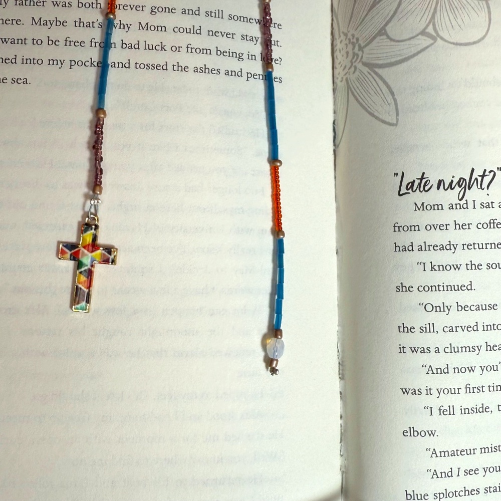 Hand Crafted Beaded Bookmark Stain Glass Pattern Cross  Faceted White Bead Charm